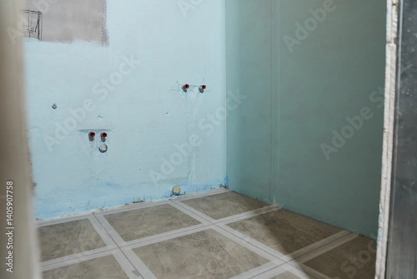 Obraz Insulation of wet areas in the bathroom. Insulation and wiring for the socket in the bathroom. With copy space. High quality photo