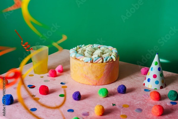 Fototapeta Birthday cake on the decorated table over green background