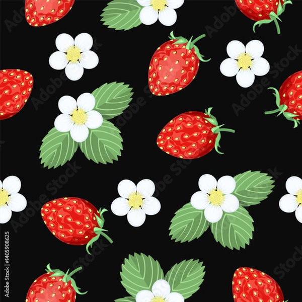 Fototapeta Seamless pattern of strawberry berries, leaves and flowers on a black background.Vector pattern for textiles, paper, and backgrounds.