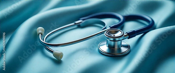 Fototapeta A high-quality, detailed AI photo of a stethoscope resting elegantly on a luxurious satin fabric.  Focus on the intricate details of the stethoscope and the smooth, soft texture of the satin.  Create 