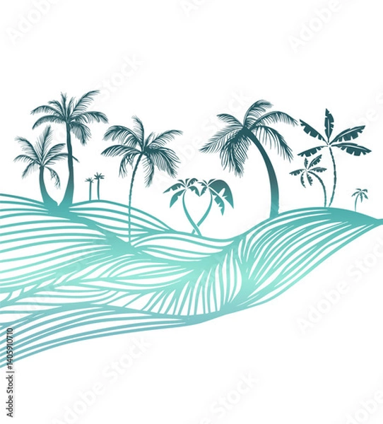 Fototapeta Hello summer . Blue palm trees horizontal background. Not AI, Vector illustration