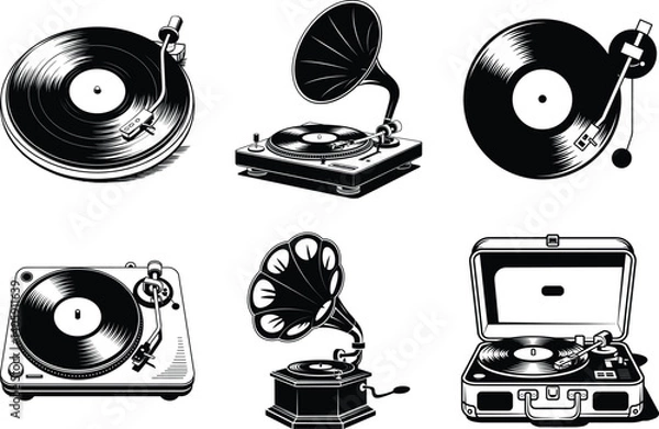 Fototapeta Retro Vintage Record Player Silhouette Set –Vintage Vinyl Music Vibes Perfect for Music Lovers. Classic Turntable, Stylish Vinyl , Vintage Turntable, Nostalgic Record Player Vector Illustration.