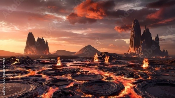 Obraz Fiery Volcanic Landscape at Sunset  Alien Planet  Lava Flow  Dramatic Sky  Fantasy  Sci Fi