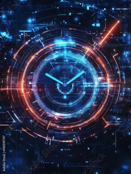 Fototapeta future technology and time management concept - clock and virtual screen illustration