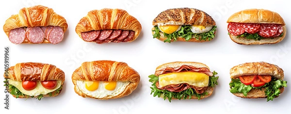 Fototapeta variety of delicious sandwiches including croissants and rolls filled with meats, cheeses, and fresh vegetables, showcasing vibrant colors and textures