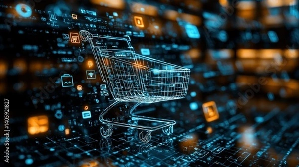 Fototapeta Digital shopping cart, abstract representation of e-commerce.  A wireframe shopping cart is superimposed on a data-rich background with various icons