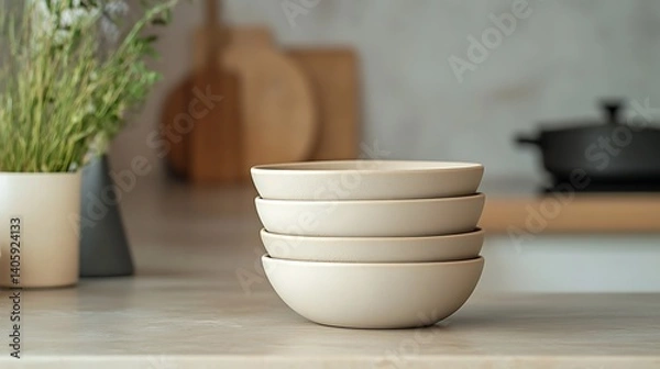 Obraz A stack of beige ceramic bowls with a matte finish, arranged neatly on a kitchen counter 