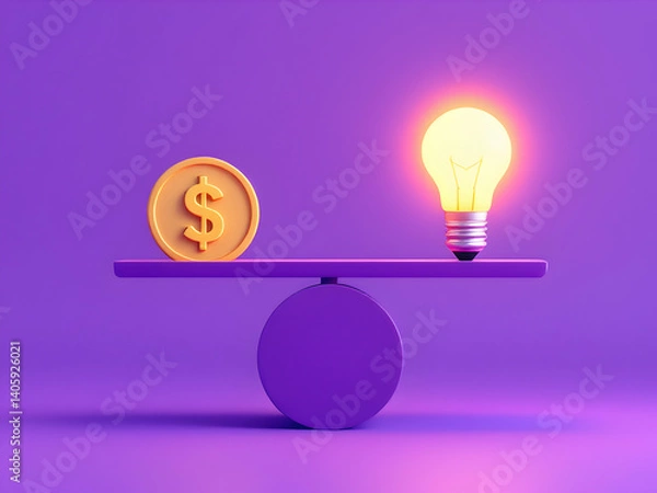 Fototapeta Balance scale with a single golden coin on the left side and a glowing lightbulb on the right side, against a solid purple background