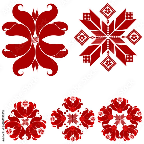 Fototapeta Set of red flowers in Petrykivka and Vyshyvanka style