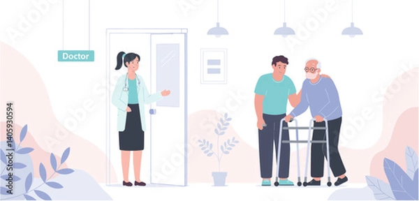 Fototapeta Doctor welcoming an elderly patient with a walker and his son into the office

