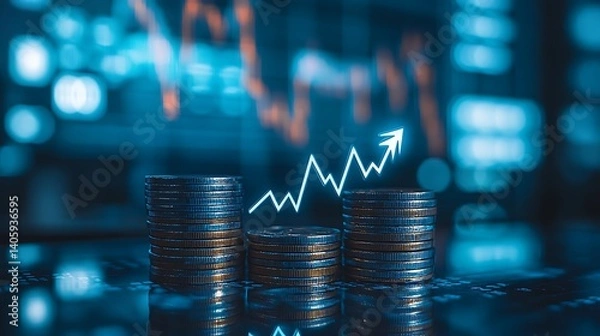 Fototapeta Futuristic Cityscape with Financial Growth Graphs, Futuristic cityscape with glowing financial graphs overlay, symbolizing economic growth