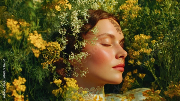 Fototapeta Slow beauty and digital detox concept with a woman experiencing a quiet, meditative moment in nature, representing a mindful escape and the calming, therapeutic benefits of plant based wellness