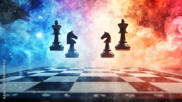 Fototapeta Chess pieces, including knights and queens, hover above a chessboard shrouded in atmospheric smoke and dramatic lighting, creating an intense and strategic atmosphere