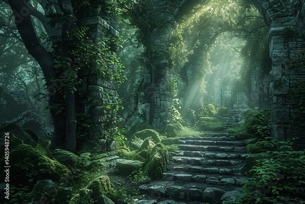 Fototapeta Overgrown forest ruins ivy clad stone and ancient trees soft light peeking through dense foliage a captivating blend of nature and history