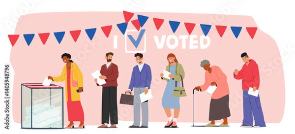 Obraz Election day cartoon scene with people queue carrying filled paper ballots to put into voting box