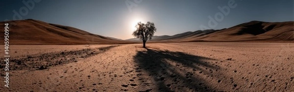 Obraz Lone tree stands in vast desert landscape at sunset