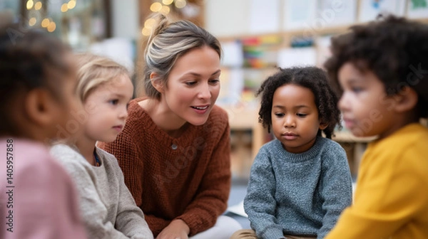 Fototapeta Kindergarten Classroom with Engaged Teacher and Students