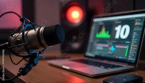 Fototapeta home studio podcast gadget interior, Microphone and laptop for on air live streaming on the table created with generative ai.