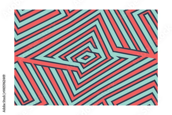 Obraz Abstract Geometric Pattern With Concentric Lines In Coral And Teal Creates Optical Illusion With Rhombus Center