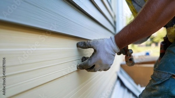Obraz Construction worker installing exterior siding on a new home. Featuring skill and focus