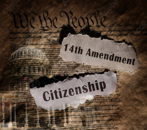 Obraz Citizenship and 14th Amendment newspaper headlines on the US Constitution -  immigration law
