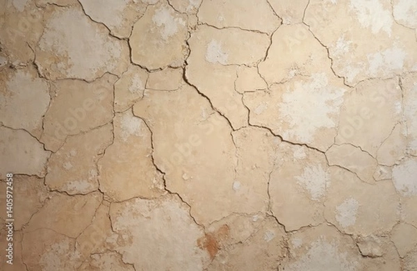 Fototapeta Beige cracked plaster wall texture with elements of rubbed white paint. Pastel tone textured street wall with rough grunge surface. Background for design.