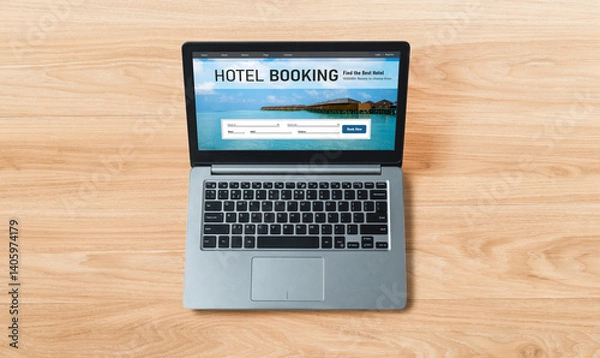 Fototapeta Online hotel accommodation booking website provide modish reservation system . Travel technology concept .