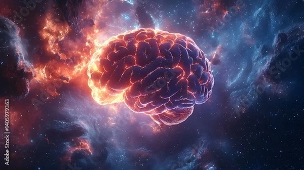 Fototapeta Cosmic Mind: A vibrant and intricate depiction of a human brain engulfed in a celestial cosmic background of nebulae, galaxies, and stardust, expressing the vastness of thought and intellect.