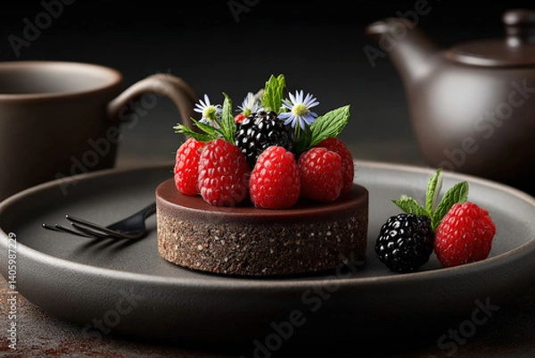 Fototapeta A professionally photographed raw vegan chocolate and raspberry cake with a nutty date crust, topped with fresh berries and mint, served on a matte ceramic plate in a luxury restaurant