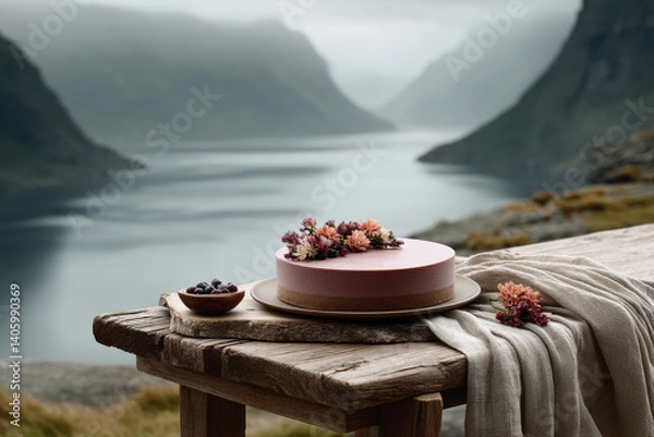 Obraz Serene Lakeview Celebration with Cake and Berries