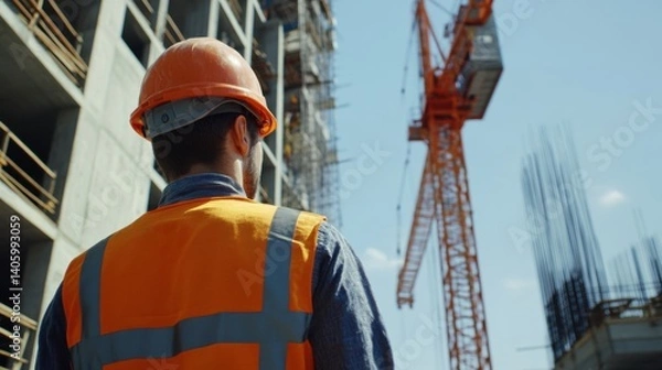 Fototapeta Construction worker operating a crane at a building site. Featuring crane operation and construction logistics