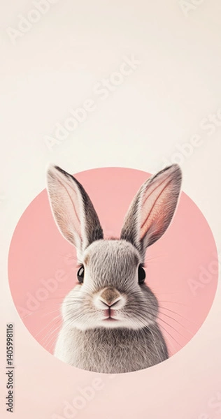 Obraz Minimalist image of an adorable gray rabbit centered in a pink circle on a soft neutral background, ideal for Easter themes