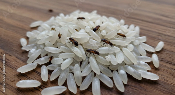 Fototapeta Infestation of rice weevils crawling on spilled rice grains on a wooden surface