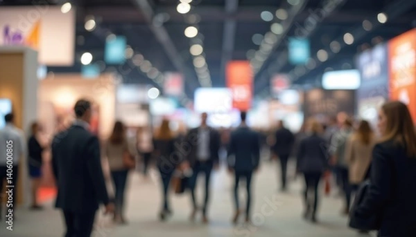 Fototapeta Expo hall scene. Conference attendees networking, blurred background. Business conference, presentation, exhibition, innovation, marketing, branding, sales, growth. Focus on community engagement,