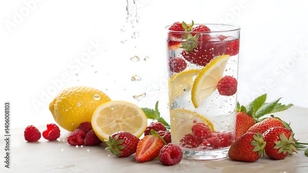 Fototapeta Refreshing Summer Drink Bursting With Juicy Strawberries, Raspberries, And Lemon Slices, Sparkling Water Adding A Lively Touch, Presented In A Clear Glass