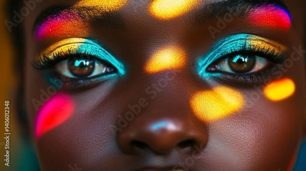 Fototapeta Close up of a woman's face with colorful makeup and light reflections on her skin and around the eyes