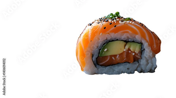 Fototapeta Delicious Sushi Roll with Salmon Avocado and Sesame Seeds on a Black Background