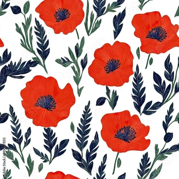 Fototapeta Seamless botanical pattern with red poppy flowers and dark green foliage on white background