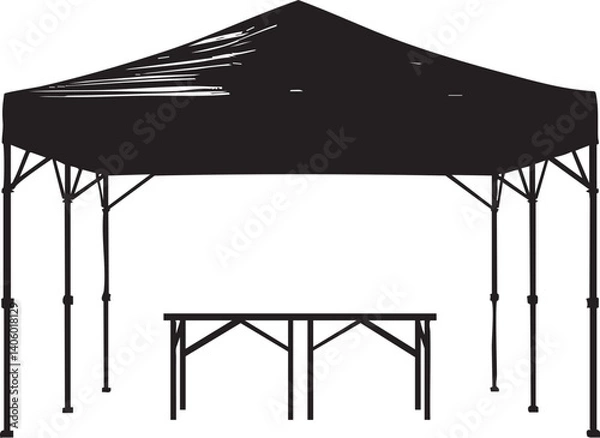 Obraz A black silhouette of a folding tent with a table underneath, ideal for outdoor events.