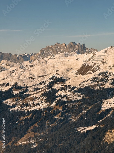 Fototapeta Scenic view of snow-capped mountain peaks and lush evergreen forests, creating a breathtaking winter landscape