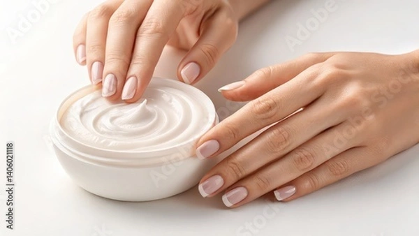 Fototapeta A close-up of neatly manicured hands applying cream from a white bowl, emphasizing skincare and self-care routines.