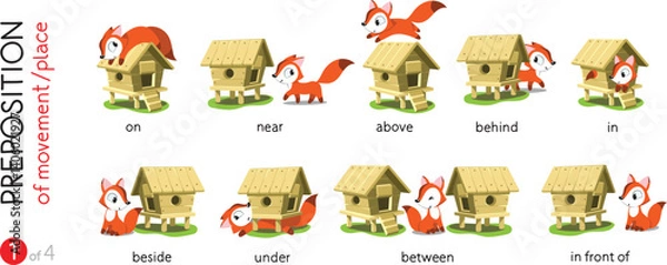Obraz Preposition of place. Funny foxes cartoon set