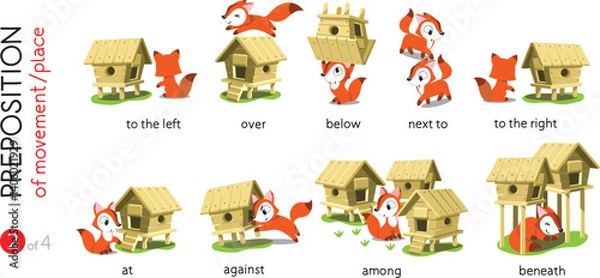 Obraz Preposition of place. Funny foxes cartoon set