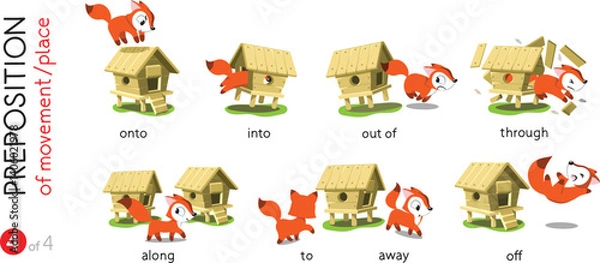 Obraz Preposition of movement. Funny foxes cartoon set