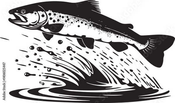 Fototapeta A dynamic illustration of a jumping trout fish creating a splash in the water.