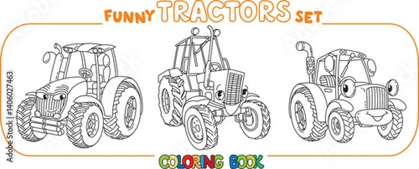 Fototapeta Funny vector tractors with eyes. Coloring book set