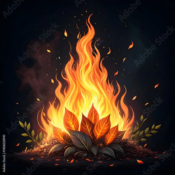 Obraz A Digitally Enhanced Image of a Vibrant Campfire with Burning Leaves