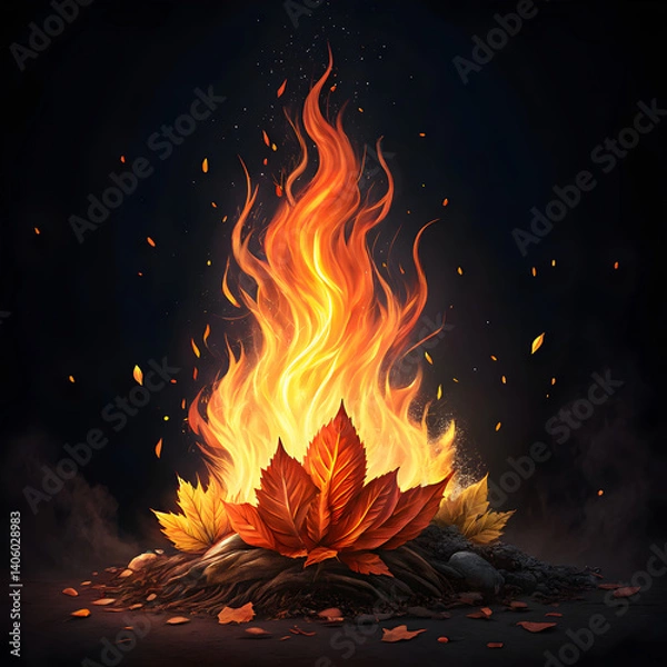 Obraz Vibrant Autumn Bonfire Digitally Created Flame and Leaves