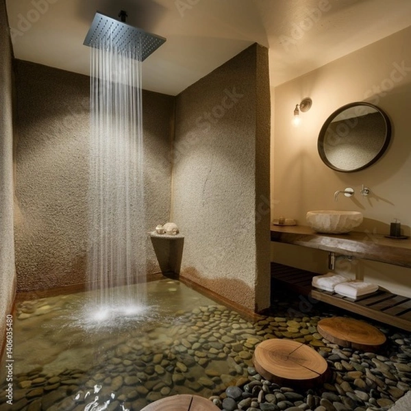 Obraz The shower features a modern showerhead, a shallow basin, textured stone walls, river pebble floor, a sleek wooden vanity, a white ceramic sink, and a round mirror, blending nature with contemporary d