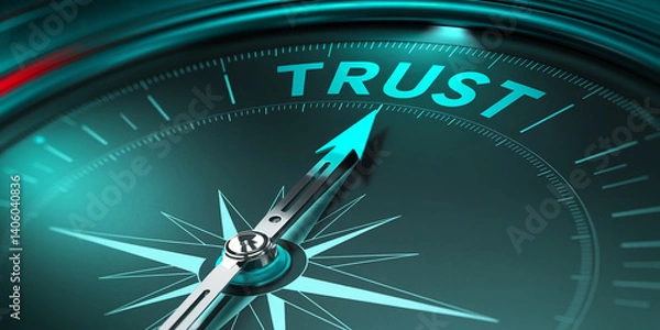 Fototapeta Close-up of compass needle pointing to "TRUST", symbolizing guidance, reliability, and direction in business or life decisions